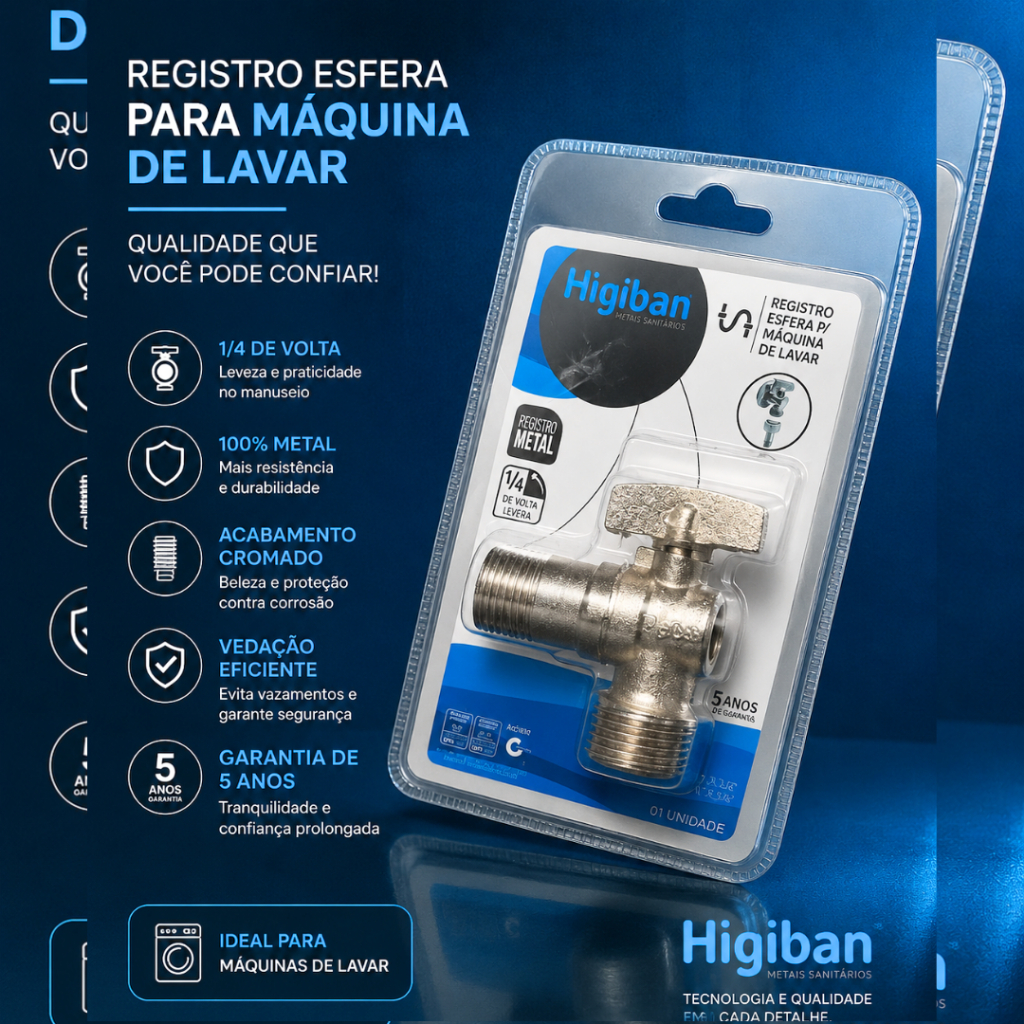 Registro Válvula De Esfera Para Máquina De Lavar Metal Parede 1/2 x 3/4 - Higiban