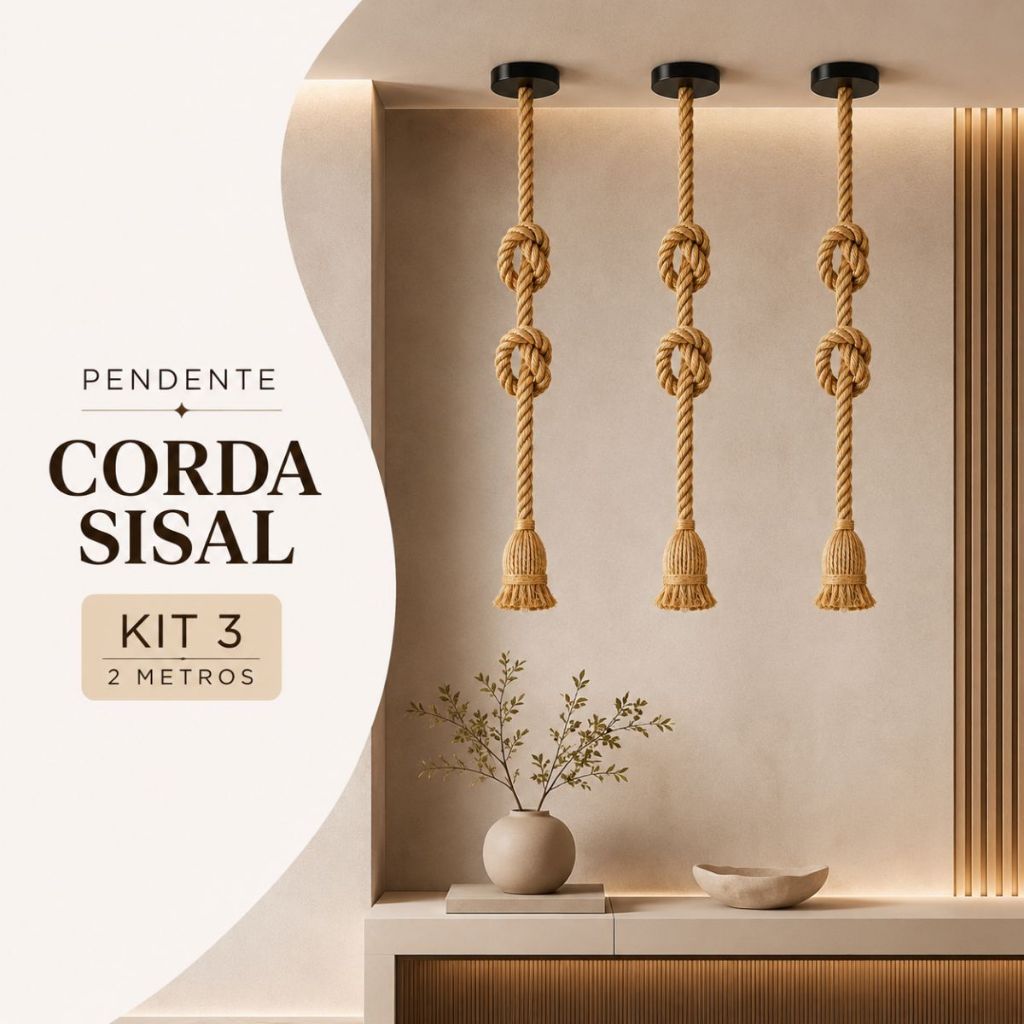 Kit 3 Pendente Luminária Corda 2 Metros Bivolt 127v/220v Retro Vintage Rústico Decorativo E27 Sisal