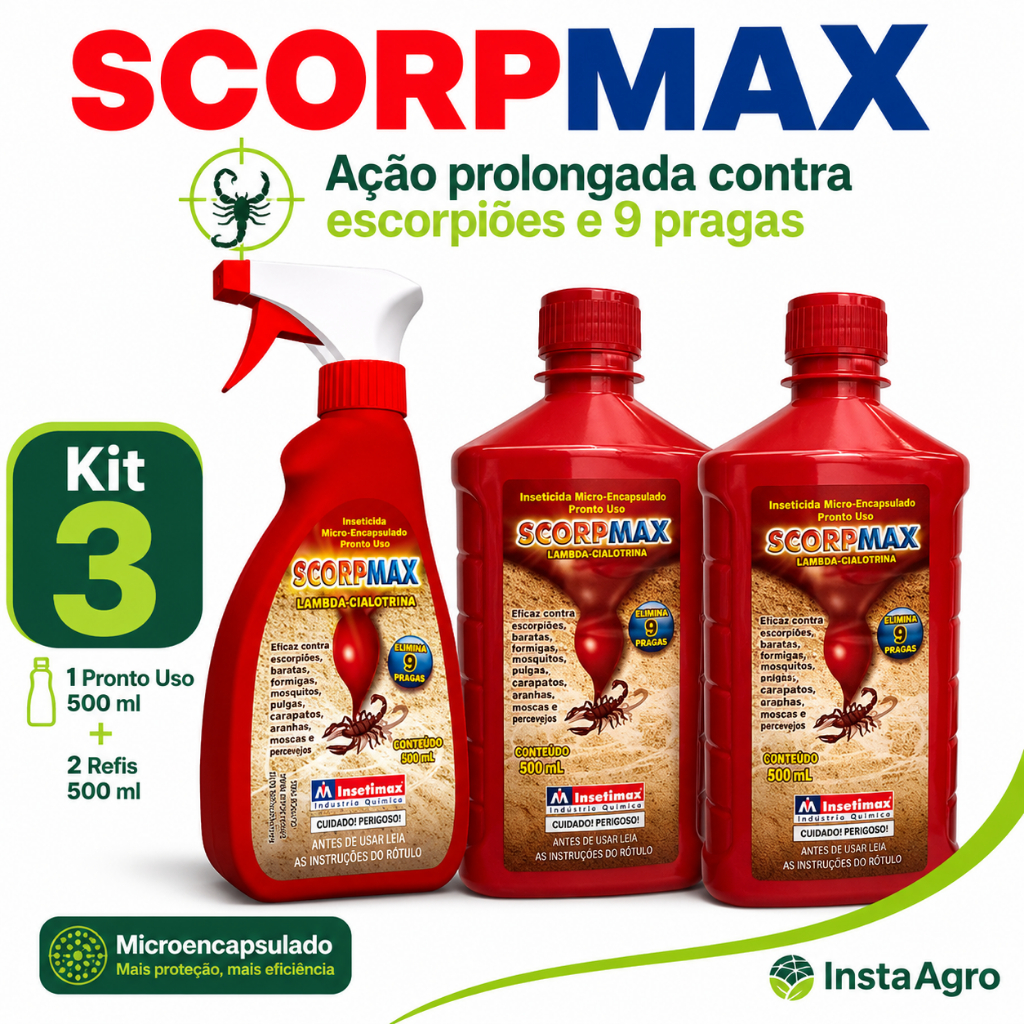 Kit Scorpmax 500ml + 2 Refis Inseticida Ambiental Para Controle De Escorpiões E Pragas Pronto para Uso