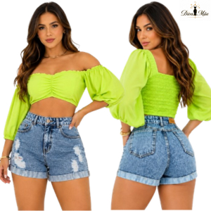 Short Jeans Feminino Cintura Alta Destroyed Barra Dobrada Moda Blogueira