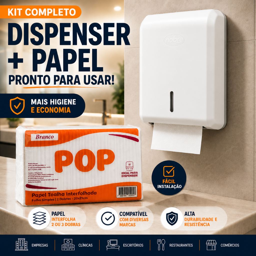 Kit Dispenser Papel Toalha + Papel Interfolha Banheiro Comercial Escritório Parede