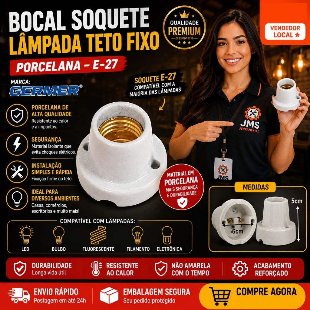Bocal Soquete Lâmpada Teto Fixo Porcelana Bocal E-27 - Germer
