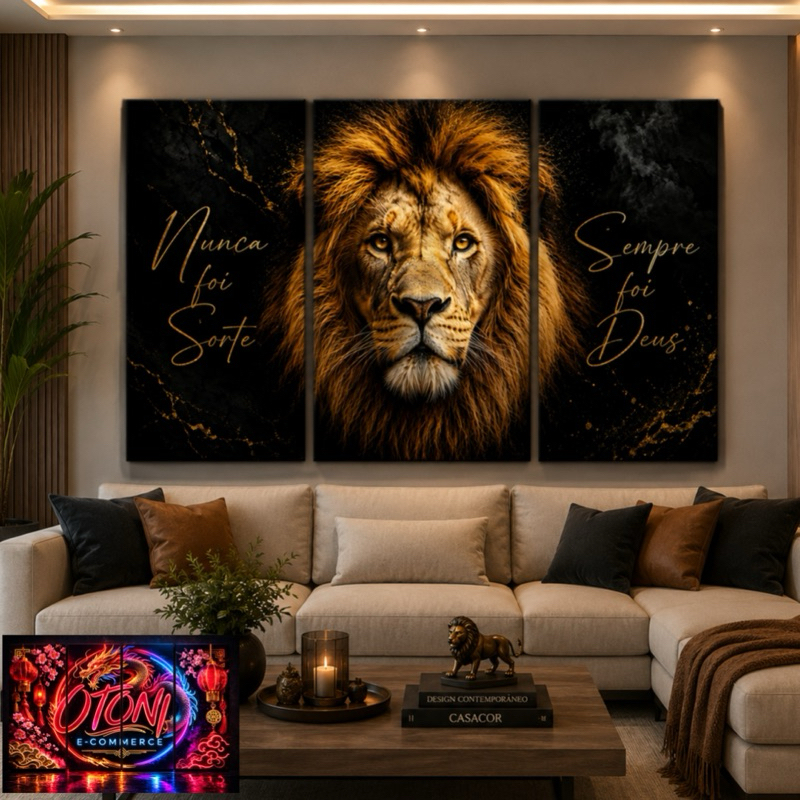 Quadro Decorativo Grande Leão Majestoso Religioso Nunca Foi Sorte Sempre Foi Deus 3 Peças 122x60
