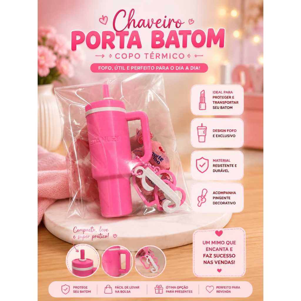 Kit Chaveiros Mini Copo e Inicial do nome - Copo Porta OB Porta Lip Stick - Estilo e Praticidade - Presente