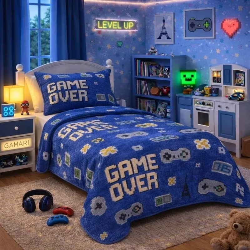 Kit Colcha Boutis Cobre Leito Solteiro Infantil Gamer 2 Peças Colcha + Porta Travesseiro Menino/Menina Macio Decorativo