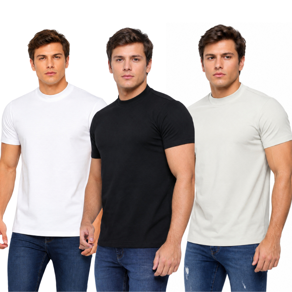 Kit 3 Camisetas Masculinas Gola Média Suedine 100% Algodão Caimento Perfeito