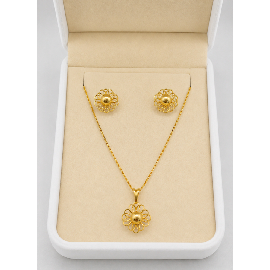CONJUNTO COLAR E BRINCO DE FLOR DELICADO  DOURADO ELEGANTE E CASUAL
