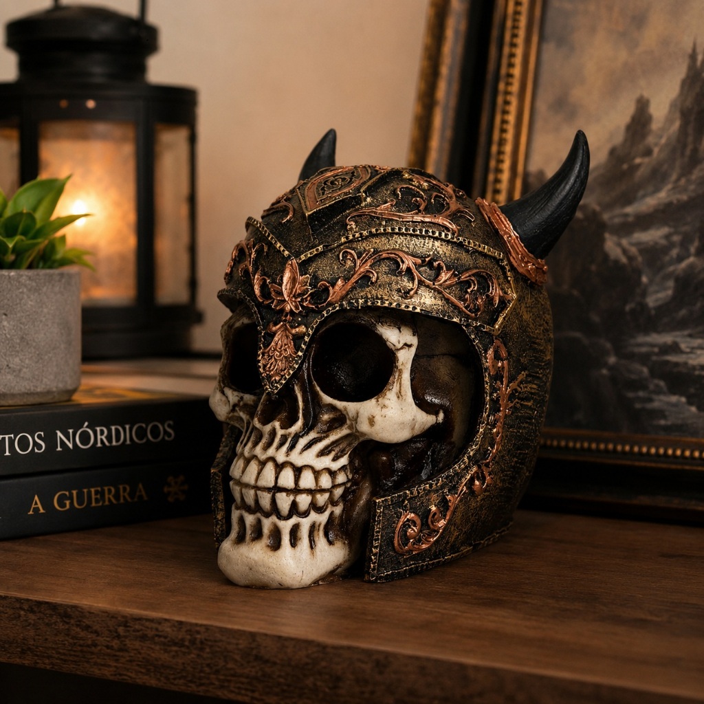 Caveira Viking Decorativa Em Resina Com Capacete Nórdico Estátua Gótica Medieval Para Decoração 14cm