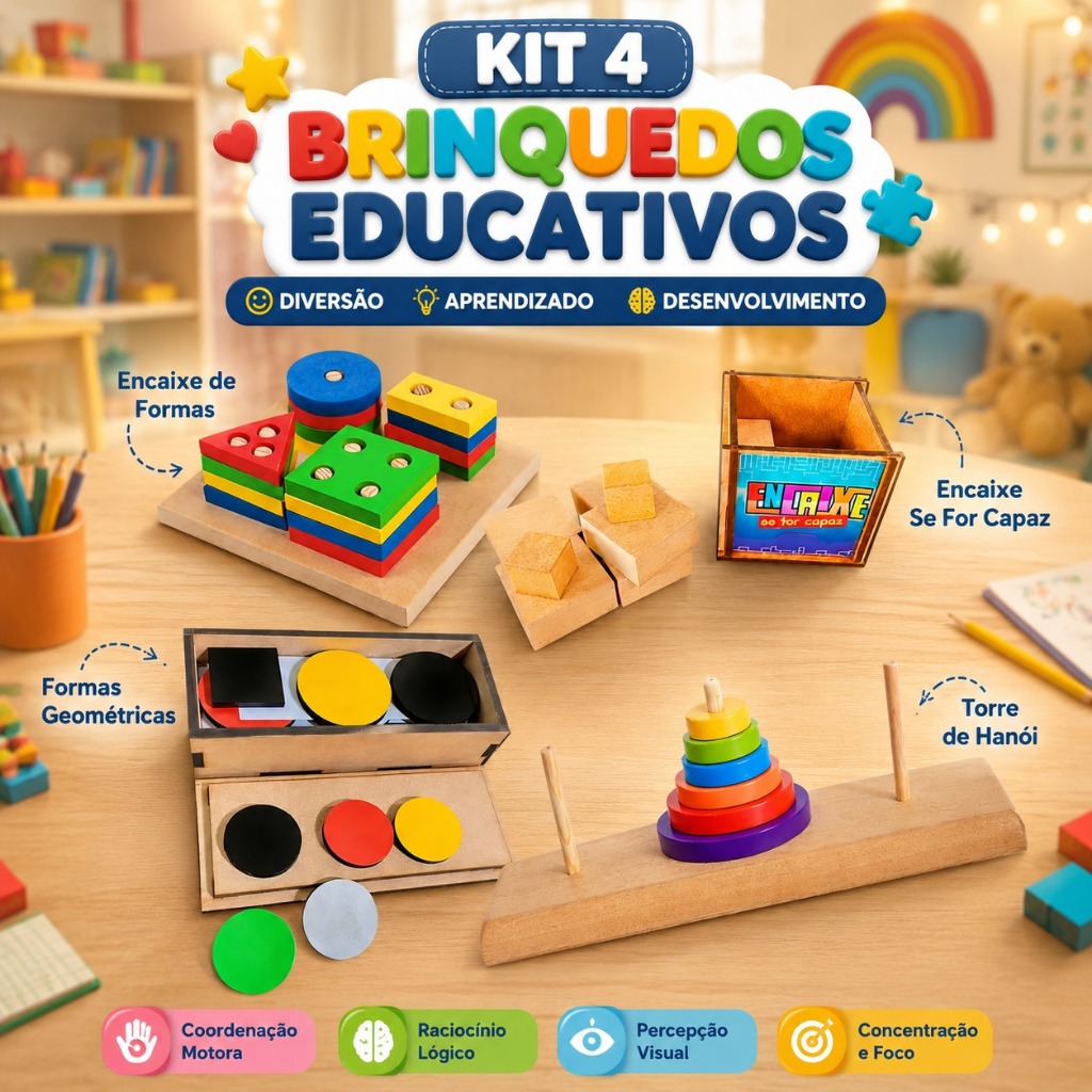 Kit Terapêutico Educativo 4 Jogos Montessori | Token, Torre Hanói, Formas e Encaixe | TEA TDAH