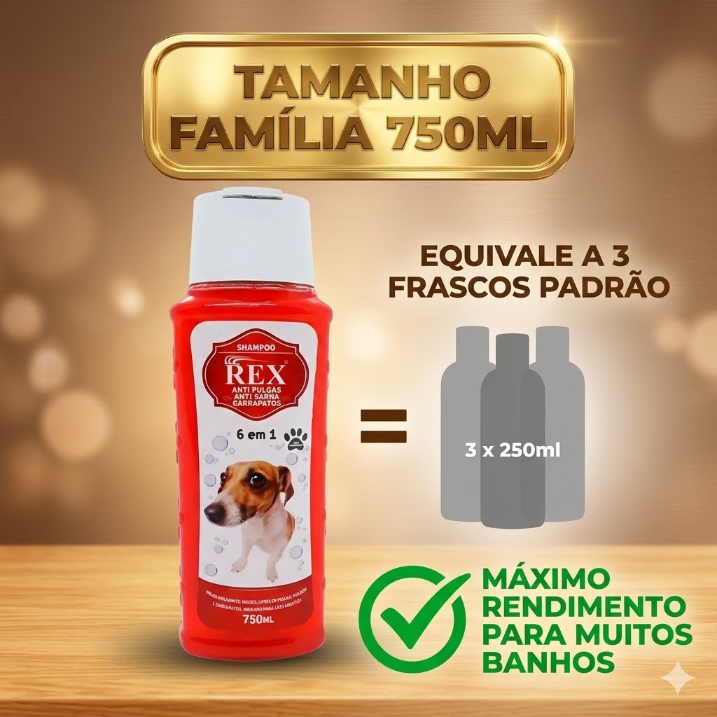 Shampoo Rex Anti-Pulgas 6 em 1 750ml Sarnicida e Carrapaticida Sarna tratamento Carrapatos e Pulgas
