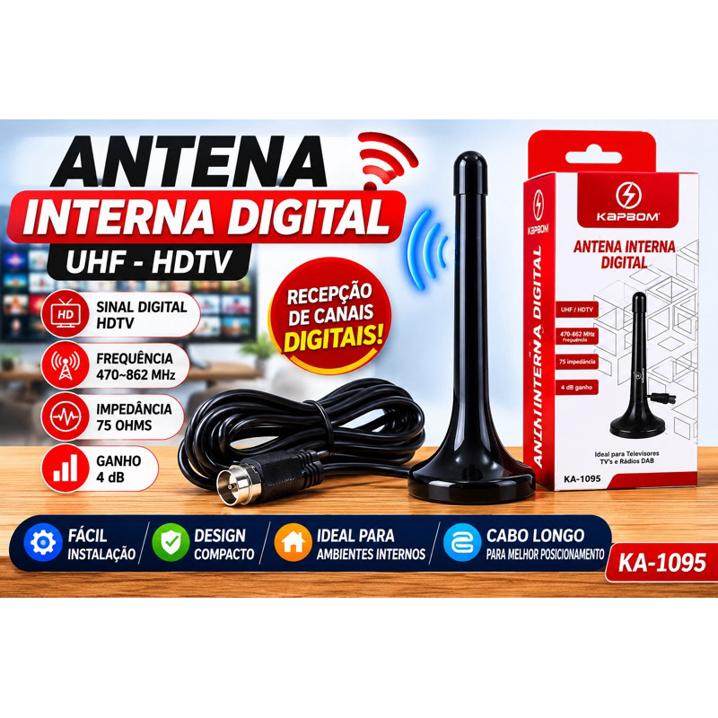 Antena Interna Digital HDTV Kapbom KA-1095 UHF para TV Digital Sem Delay na Copa