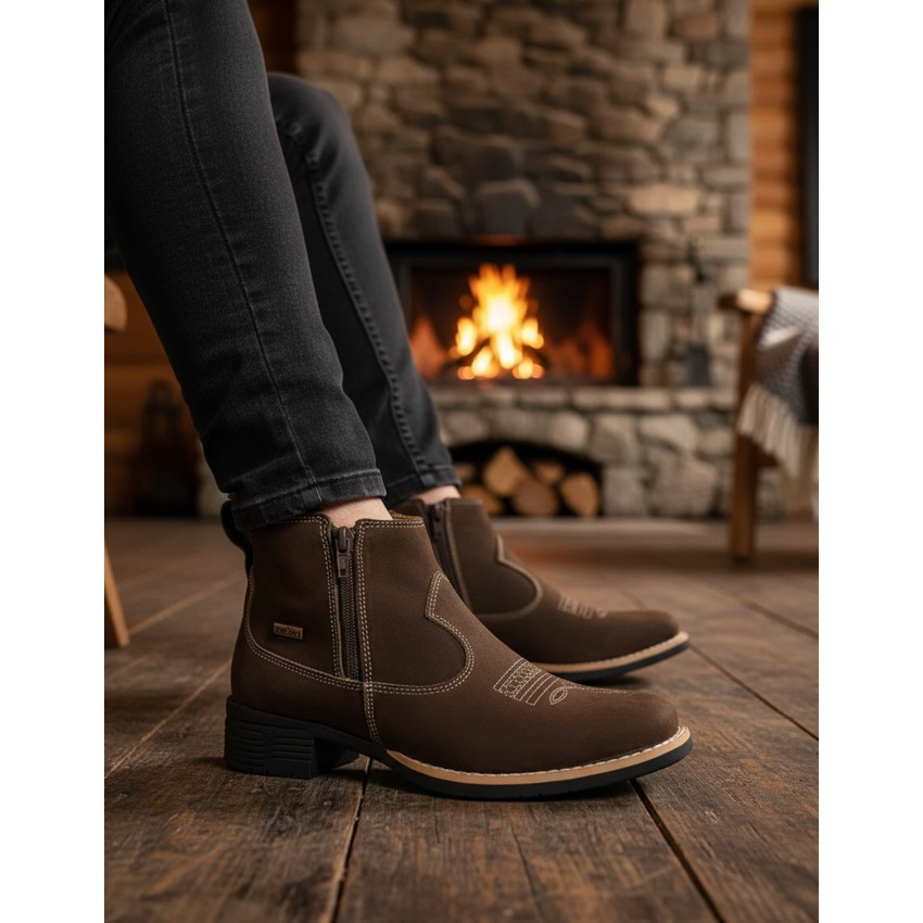 Botina Feminina Zebu Texana Nobuck Café Bota Com Estilo E Conforto Para Caminhar