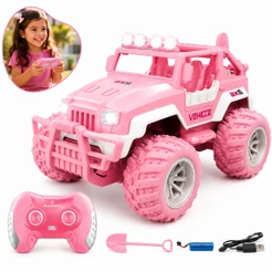 Carrinho Controle Remoto Jipe Rosa Para Menina Recarregável Bateria Off Road Jeep Kizumba