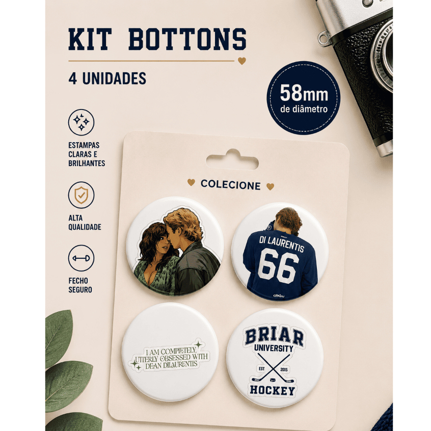 Kit 4 Bottons 58mm - Off Campus | Booktok Hockey Romance Universitário Amores Improváveis Dean DiLaurents