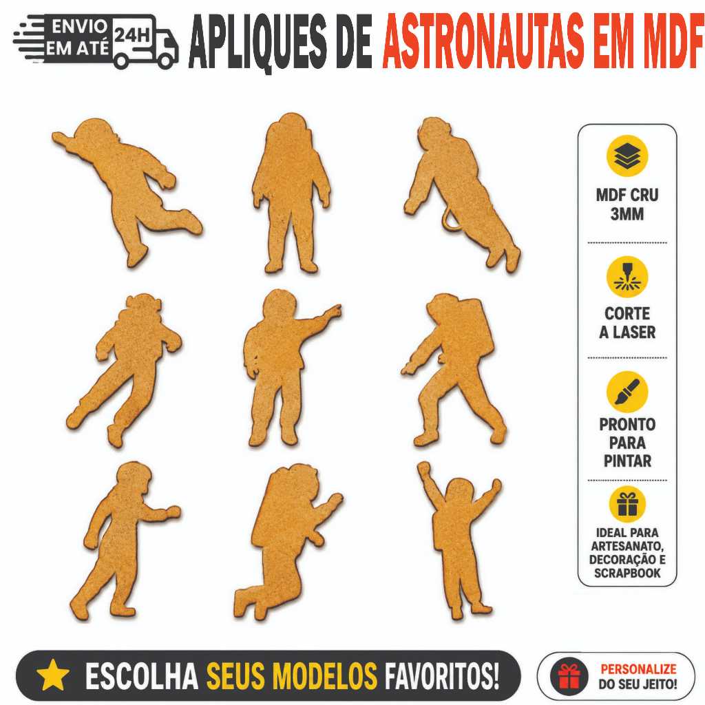 Aplique Astronauta Foguete MDF Espaço Sideral Artesanato Corte Laser Scrapbook Decoração Festa Infantil DIY Lembrancinha