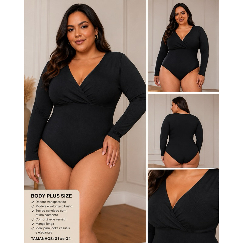 BLUSA CAMISETA BODY BORI MANGA LONGA PRINCESA CANELADO PREMIUM PLUS SIZE PRETO MODA FEMININA CRUZADO TRANSPASSADO