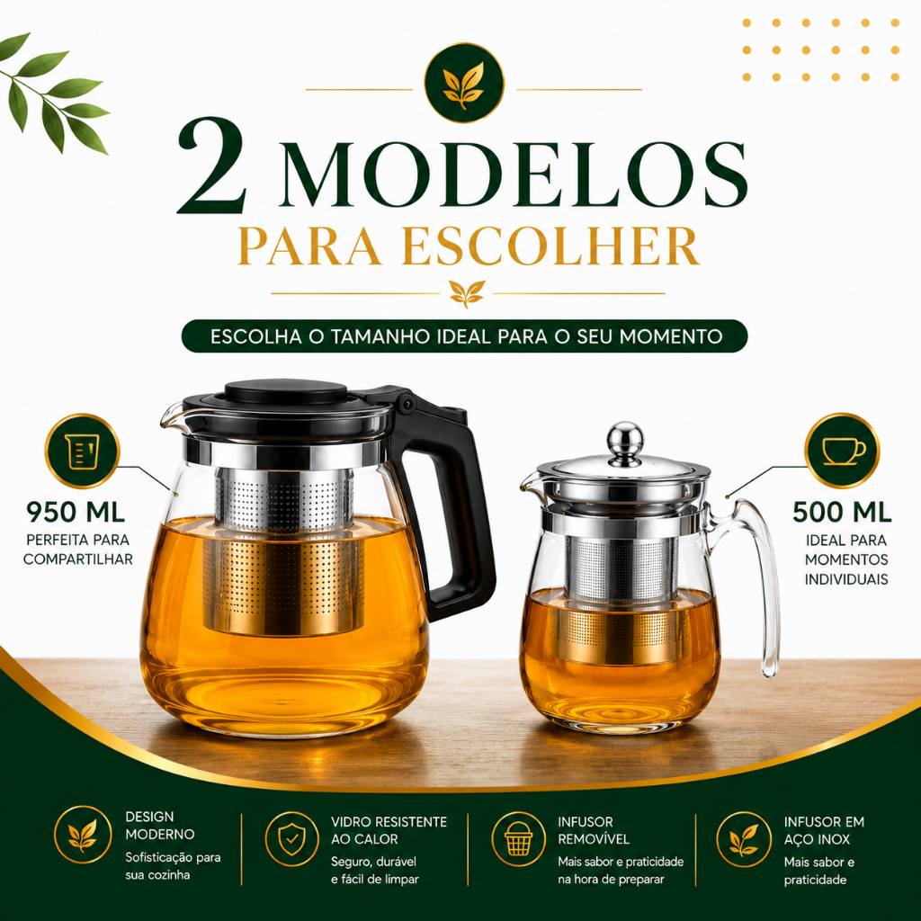 Detalhes do Chaleira Bule de Vidro 1/2/3/4 para Chá 500ml e 950ml com Infusor Aço Inox Filtro Premium Resistente ao Calor
