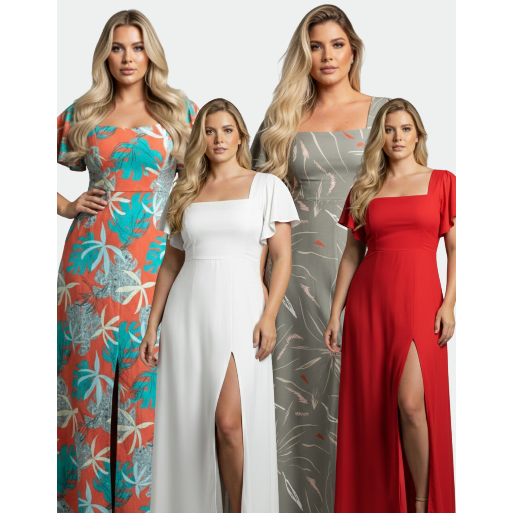 VESTIDO LONGO PLUS SIZE FENDA SOLTINHO CONFORTÁVEL DECOTE QUADRADO MODA FEMININA CASUAL CHIC