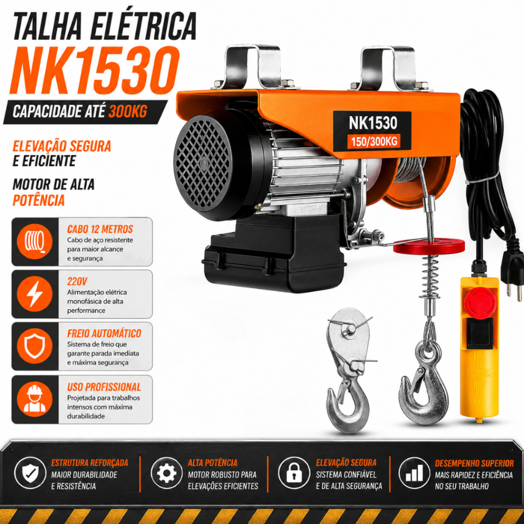 Talha Elétrica 300kg 12m Com Controle Remoto Guincho Elétrico NK1530 220V Profissional