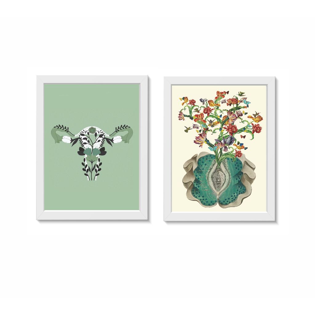 Kit 2 Quadros Decorativos Útero Vulva Floridos Decoração Consultório Médico Ginecologia Molduras 20x30cm Madeira