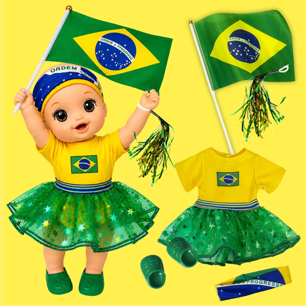 Kit Roupa de Boneca Love Baby Torcedora do Brasil Laço de Fita