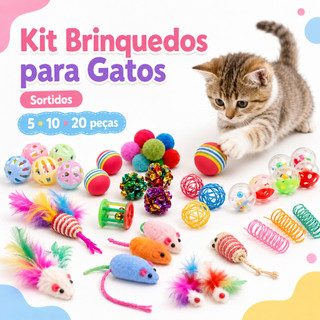 Kit 5/10/20 Brinquedos Interativos para Gatos com Bolinhas, Ratinho, Mola e Pom Pom Anti-tédio, Com ou Sem Varinha
