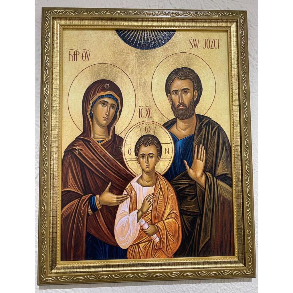 QUADRO SAGRADA FAMILIA ÍCONE 30X40 CM RESINADA MOLDURA PREMIUM DOURADA