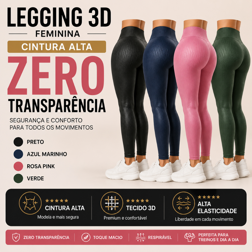 Legging 3D Feminina Cintura Alta Modeladora Zero Transparência Academia Fitness