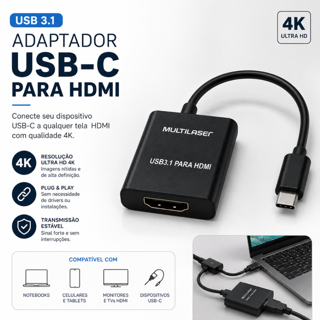 Adaptador USB-C Para HDMI 4K 60Hz Cabo 3.1 HDTV Laptop MacBook Notebook TV Proje