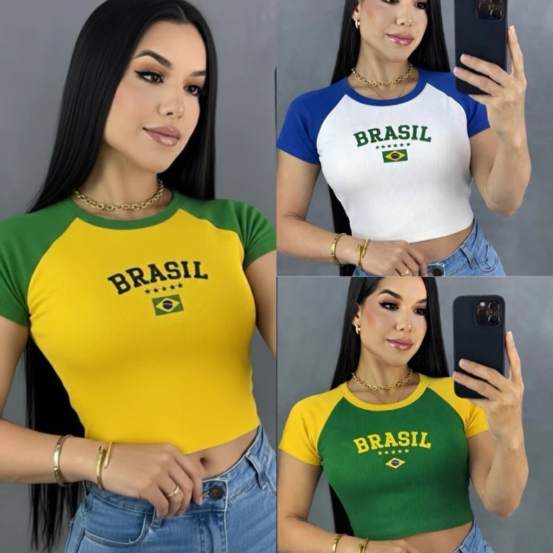 Camiseta Feminina Brasil Canelada Ribana Premium Baby Look Copa do Mundo