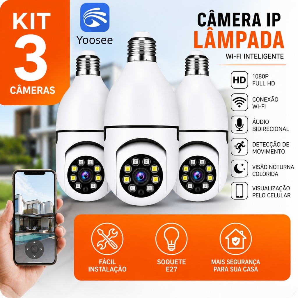 Kit Câmera Lâmpada Yoosee WiFi 360° Visão Noturna Monitoramento 24h Detecção Movimento 8177