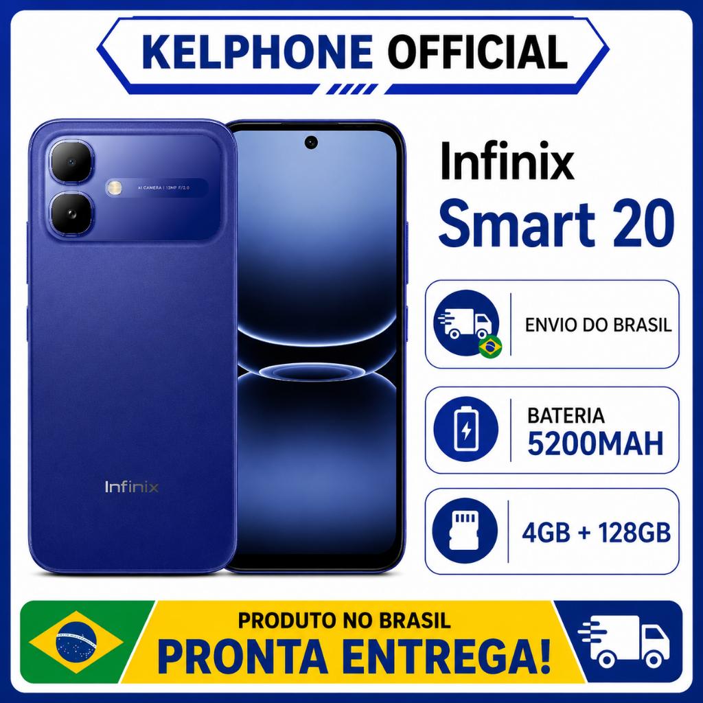 Smartphone Infinix Smart 20 4G 128GB 4GB RAM Tela HD+ 6.78" 5200mAh Dual SIM Envio Rápido