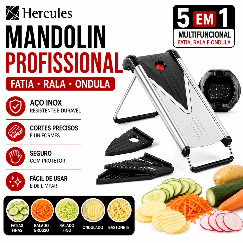 Mandolin Cortador Fatiador Ralador Legumes Inox Hercules Profissional Ajustável Prática Gourmet