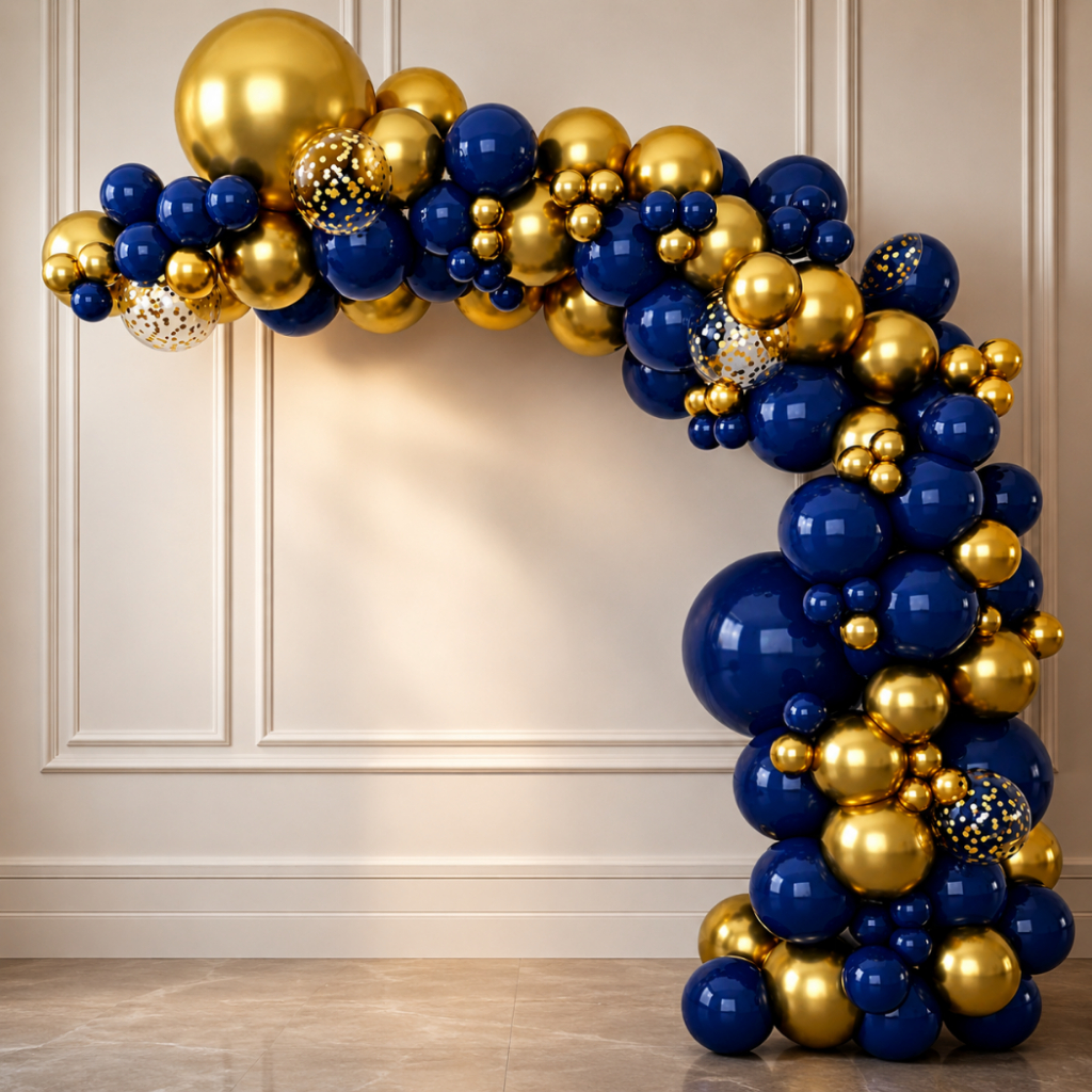 Kit Arco Balão Bexiga Azul Royal + Dourado Metalizado Decoração Festa