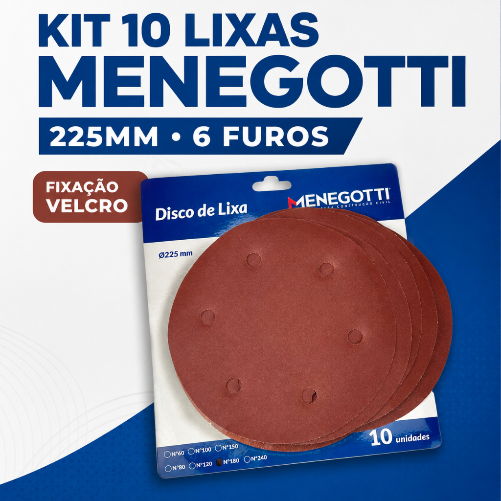 Disco de Lixa Menegotti 225mm 6 Furos Kit 10 Un Velcro P/ Lixadeira de Parede Teto MLP 710H 750 LED