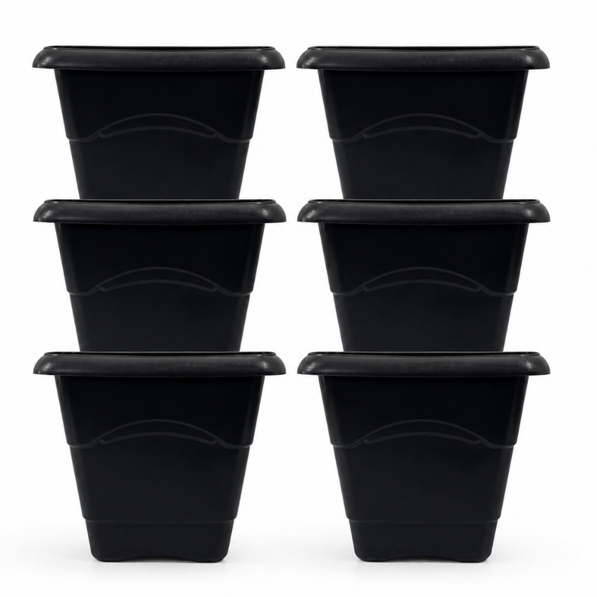 Kit 6 Vasos para Plantas Quadrados Preto 5,5 L Decoração Casa Jardim Plástico Resistente