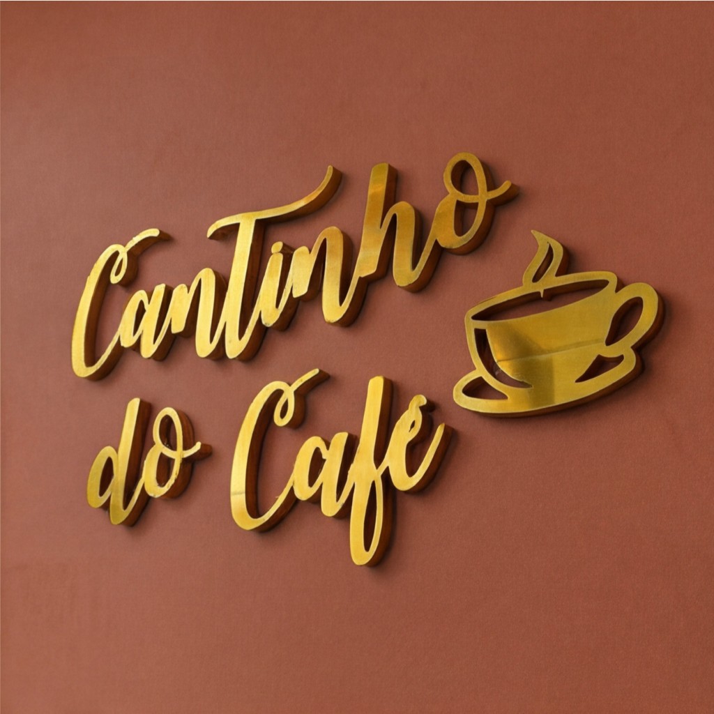 Cantinho do Café Letreiro Acrílico Espelhado Decoração Cozinha Parede 41cm Dourado Prata Rose Gold
