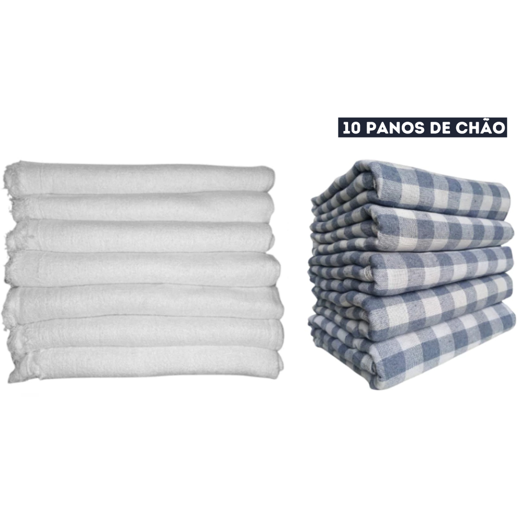 Kit c/ 10 Panos de Chão Grande - Saco Duplo Xadrez Azul Alvejado ou Branco Alvejado