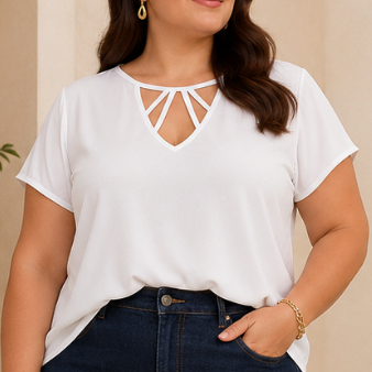 [Brechó] Blusa Feminina Branca Manga Curta com Recorte no Decote Elegante Leve Casual Moderna Desapego Bazar Achadinhos