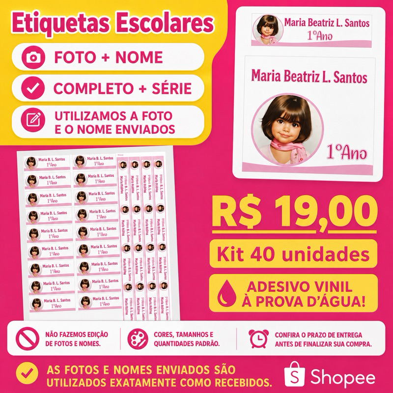 Kit 40 unidades de Etiquetas Escolares Personalizadas - Com FOTO - NOME + SÉRIE - À Prova D’Agua