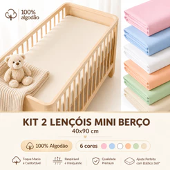 Kit com 2 lençol para mini berço 40 X 90cm com elástico em malha 100% algodão