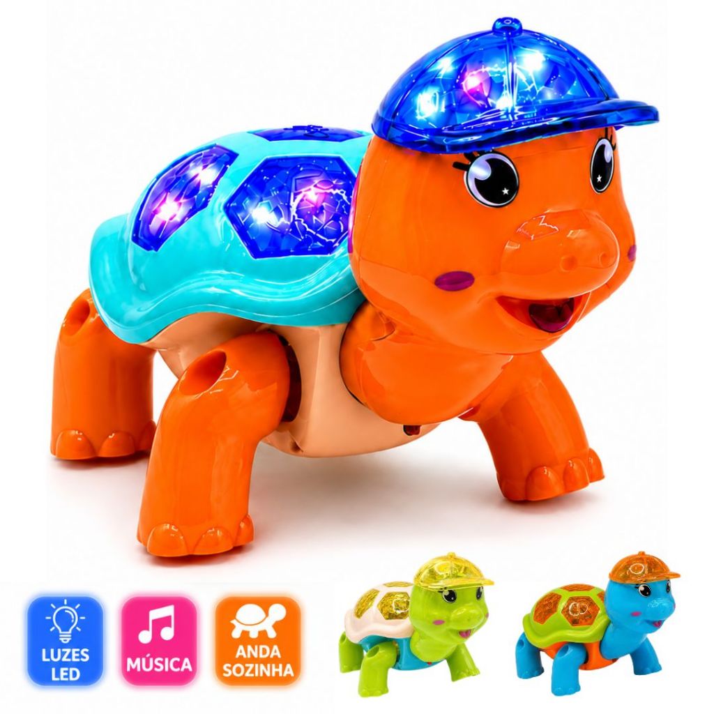 Brinquedo Tartaruga Fujão Elétrico com Luz LED Som e Movimento Automático Infantil Educativo Bebê
