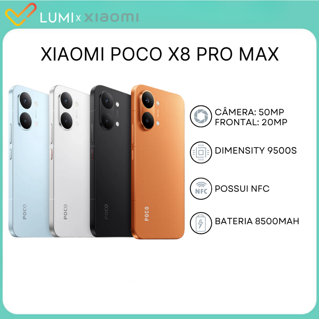 Xiaomi Poco X8 Pro Max 5G, Versão Global, Processador Dimensity 9500s, Bateria 8500 mAh 256GB-512GB + 12GB RAM
