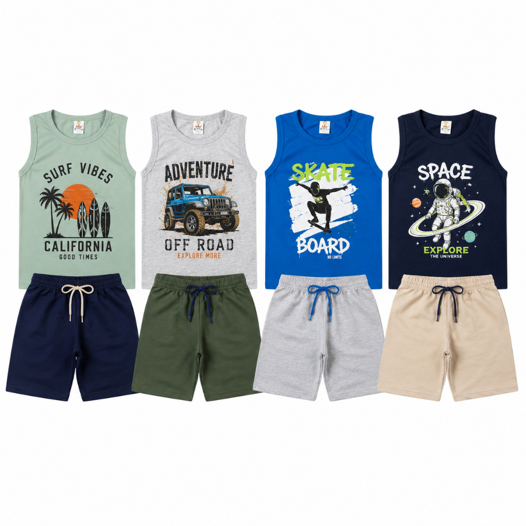 Kit 4 Peças Infantil Menino Verão 2 Conjuntos Regata + Shorts/Bermuda 100% Algodão Estampa Variadas