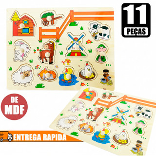 Brinquedo Tabuleiro Educativo Pedagogico Madeira de Encaixe e formas Animais da Fazenda criatividade