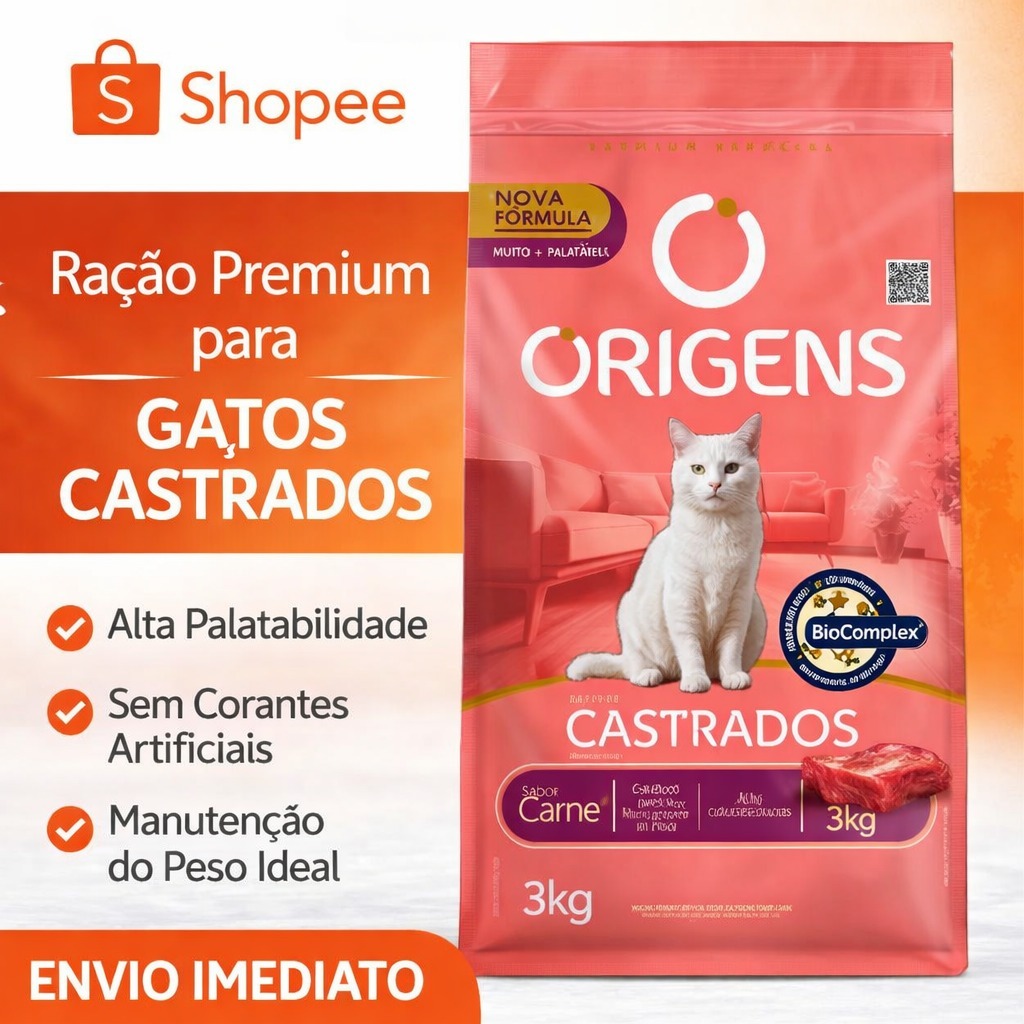 Ração Origens Premium Gatos adultos castrado Sabor carne 3kg