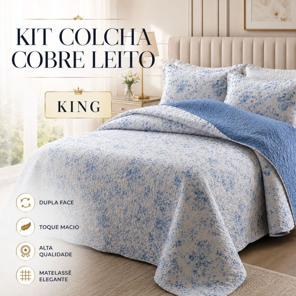 Colcha Cobre Leito Dupla Face King 3 Peças Bouti 2,60m x 2,80m Com Porta Travesseiro Rozac Liz