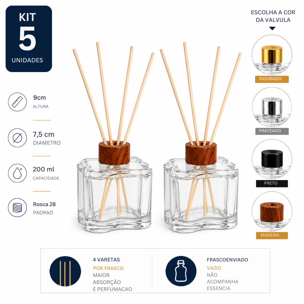 Kit 5 Frascos Difusor Aromatizador 200ml Vidro Rosca 28 Com Tampa e 4 Varetas