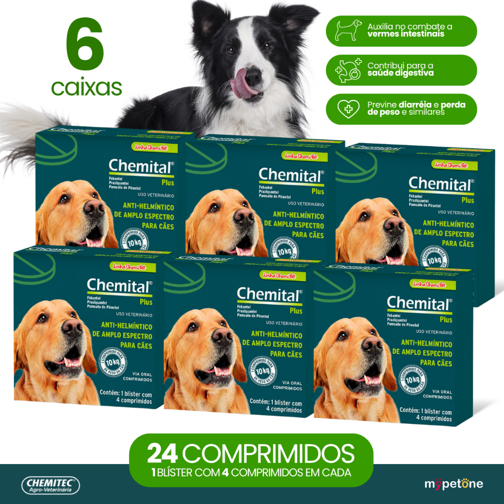 Kit 6 Chemital Plus Chemitec Vermífugo para Cães - 4 Comprimidos