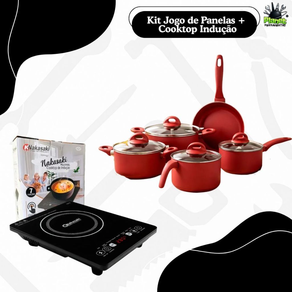 Jogo de panelas Antiaderente 14 peças Vermelho + Cooktop De Indução Fogão Elétrico Portátil 1 Boca